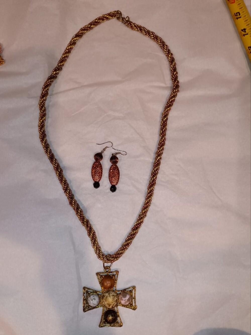 Gold-Tone Cross Pendant Necklace with Brown and Cream Accents Earrings Set